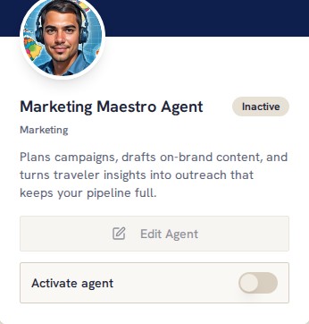 Marketing Maestro agent in the MyTrip.AI dashboard — plans campaigns and drafts on-brand content